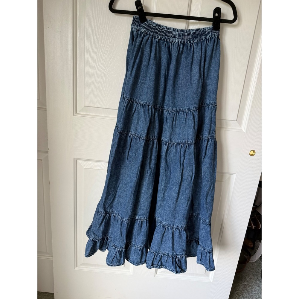 American Eagle Tiered Denim Maxi Skirt Medium Wash Boho Ruffle XS